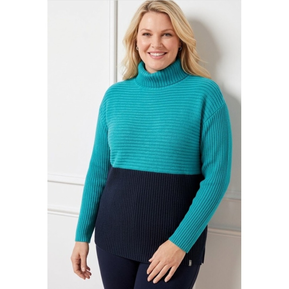 New Talbots Turtleneck Sweater 3X‎ Blue Color-block Ribbed Knit Side Zip Cozy